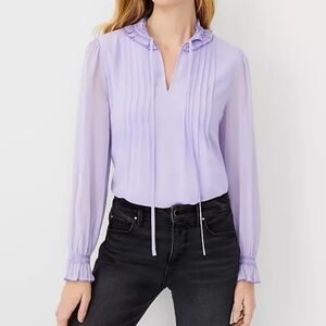 Ann Taylor NWOT Lavender Mixed Media Ruffle Neck Pleated Yoke Top